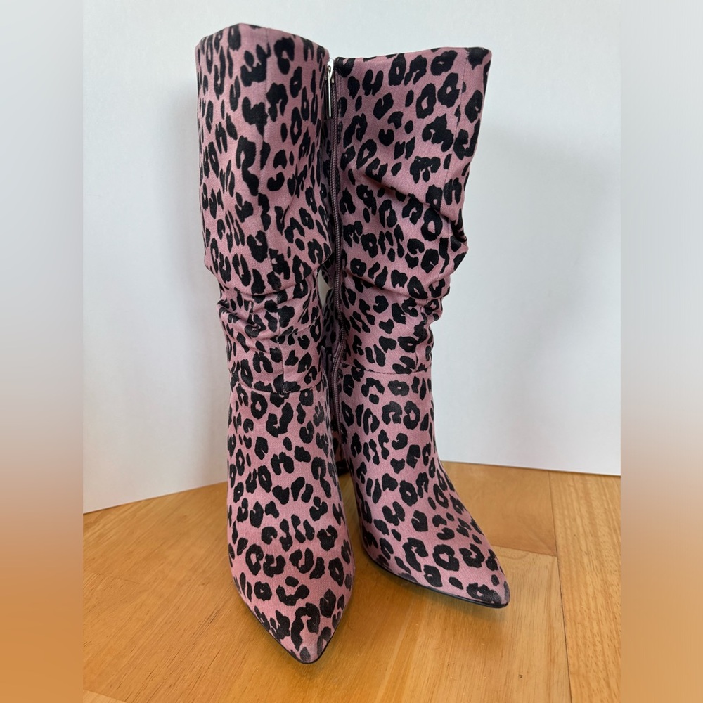 Blush Pink leopard print high heeled boots.